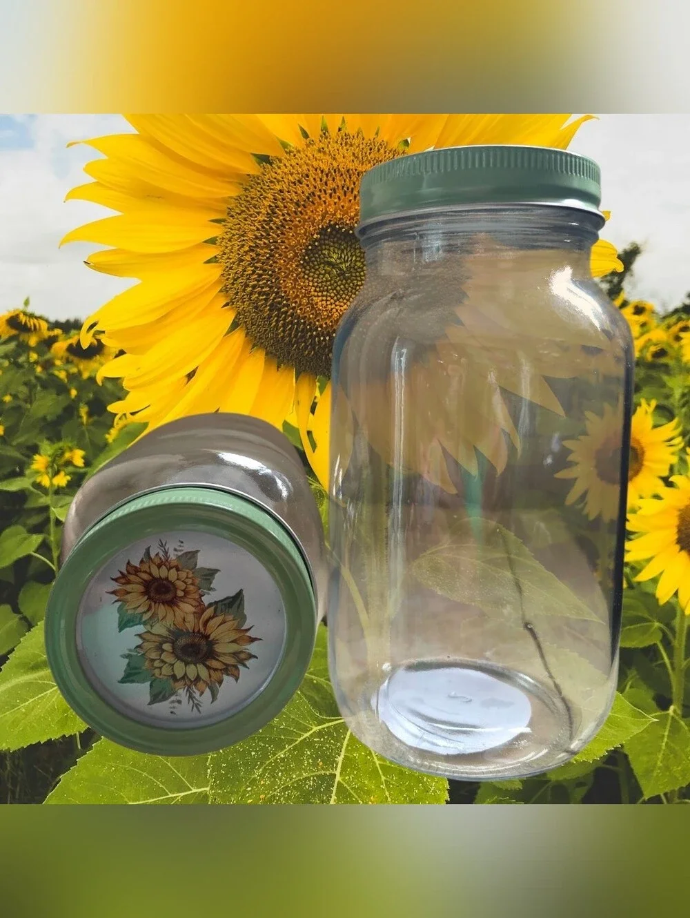 Sunflower Mason Jars with Green Lids. Set Of 2